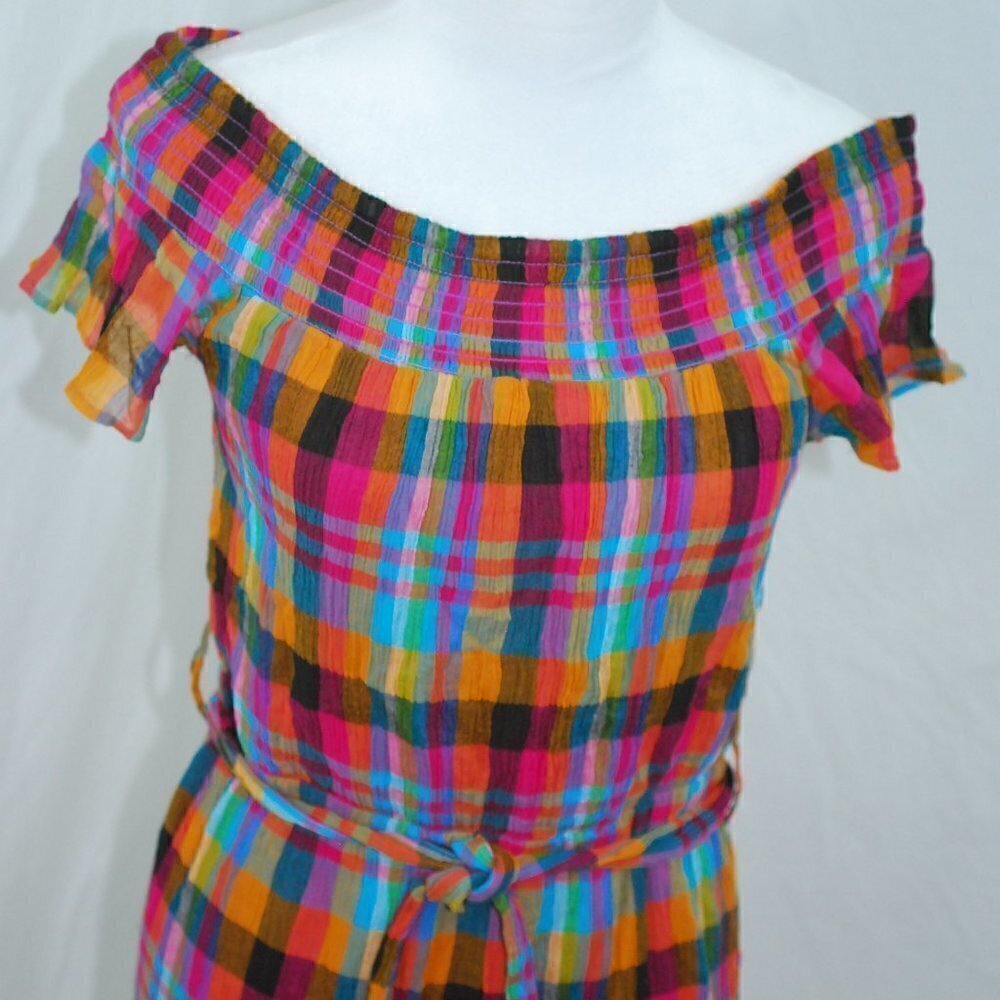 BOHO Hippie Maxi Dress Jun & Ivy Juniors Medium Multicolored Plaid Scoop Neck